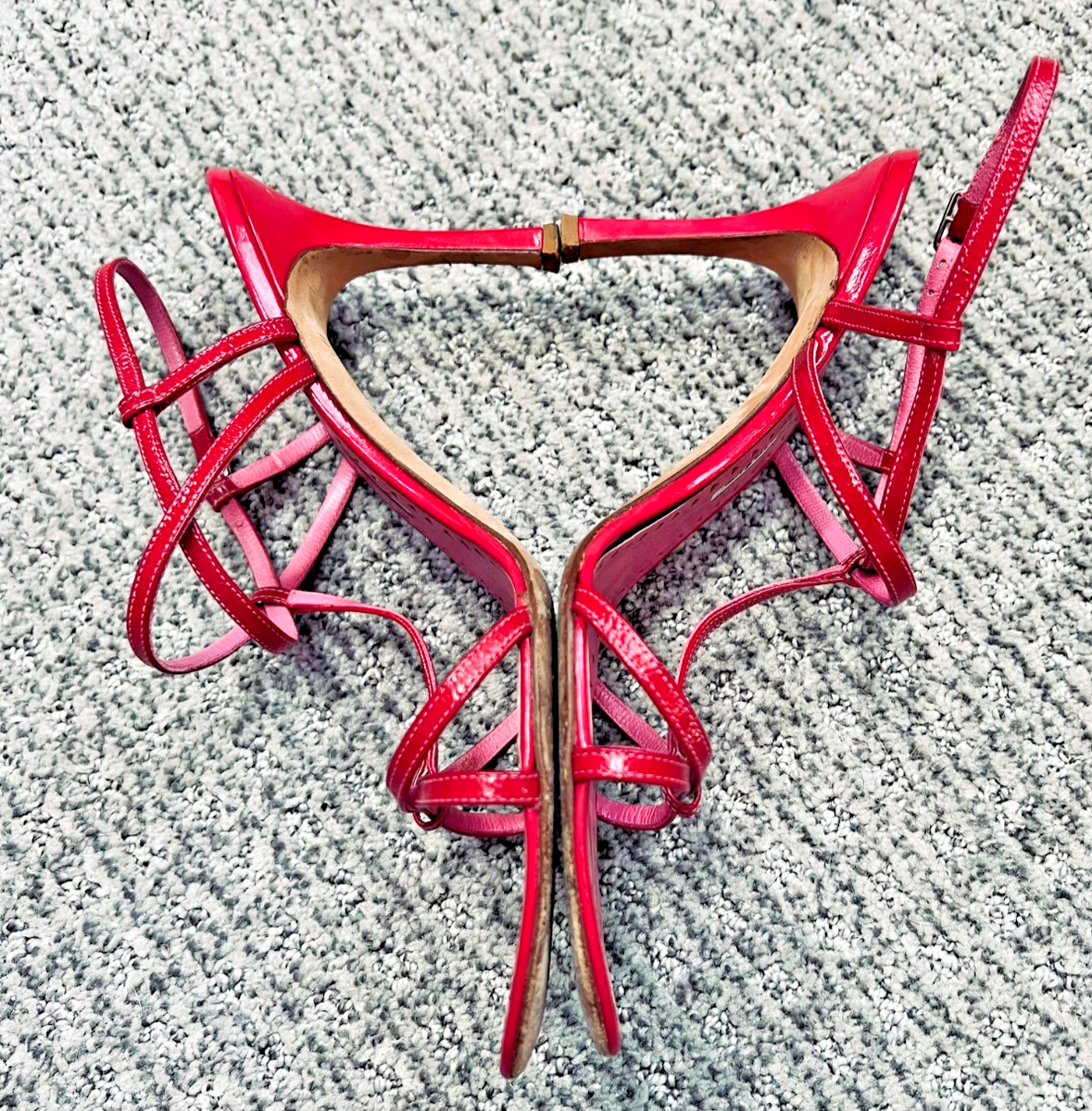 VTG Manolo Blahnik Pink Patent Leather Strappy Sandals Heels Ankle