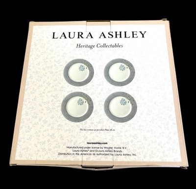 Laura Ashley Heritage Collectables 4 Plates Blue Floral Stripe 10.5'' New in Box