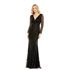 Mac Duggal 68016 Black Embellished Lace Long Sleeve V Neck Gown Size 8 498