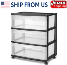 Sterilite Wide 3 Drawer Cart, Clear Plastic Storage Drawers, Wheels Included, Bl
