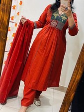 Women Red Anarkali Kurta Pant Dupatta Set Indian Ethnic 3 Piece Suit