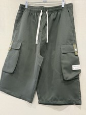 Men's Green Cargo Shorts Polyester Drawstring Pockets Button Flat Front Casual