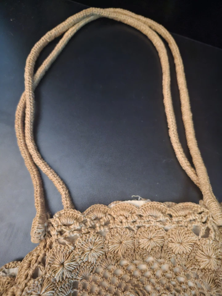 Bolso de Mano Vintage Años 30 Roseta Redonda Macramé Natural Crochet Monedero Rosa Remolino Foto 3 de 4