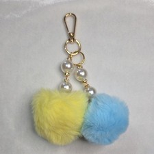 Soft Faux Fur Double Pom Pom Bag Charm Keychain Blue Yellow 5 Inches Long NWOT