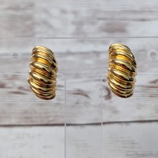 Vintage Clip On Earrings - Statement Ribbed Half Hoop Gold Tone Large