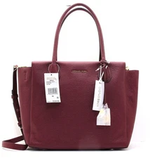 NEW MICHAEL KORS MERCER LG Pebbled Leather Satchel/Shoulder Tote Cherry Red/Gold