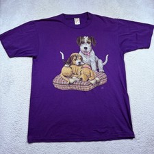 Vintage 90s Jerzees Purple Puppies Graphic T Shirt Large Cute Dogs Made in USA