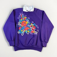 Vintage 90s Sweatshirt Large Purple Floral Grandma Western Lee Collared