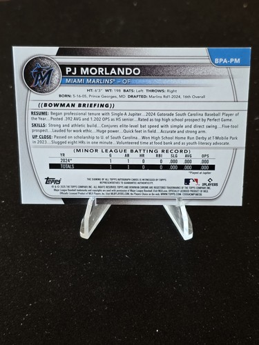 Bowman PJ Morlando 2025 #BPA-PM True Blue Auto/150 Marlins Prospect - Imagen 3 de 3