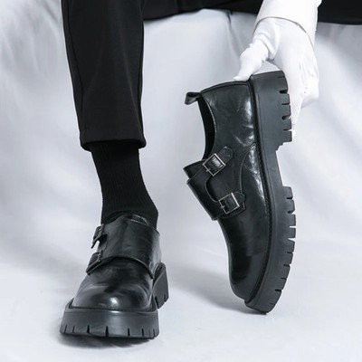  Men's Grasp Leather Derby Shoes British Platform Mental Buckle Low Top Shoes 