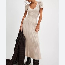 Free People Hailee Cable Knit Maxi Dress Oatmeal Beige V-Neck Puff Sleeve M NEW