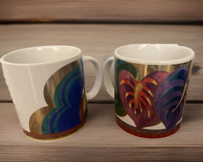 Laurel Burch Coffee Cup Mug Set Of 2 Colorful Plum Blossom & Anthurium