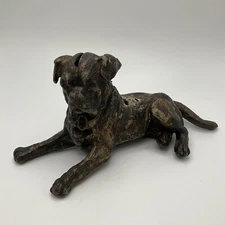 RARE EARLY 1900'S LYING BULL DOG STILL BANK WITH SWING HEAD