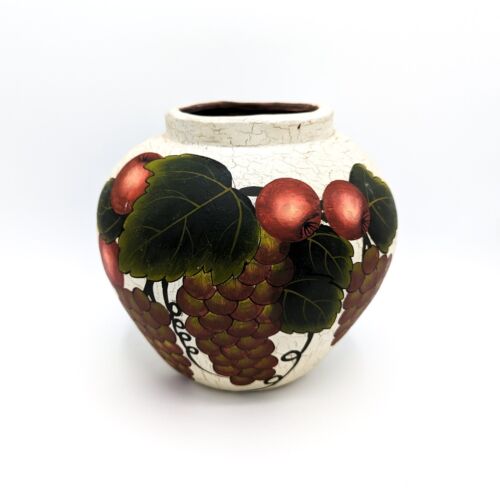 Italian Redware Vase Hand Painted Grape Leaves Vintage Crackle Glaze 8" Pottery - Picture 1 of 7