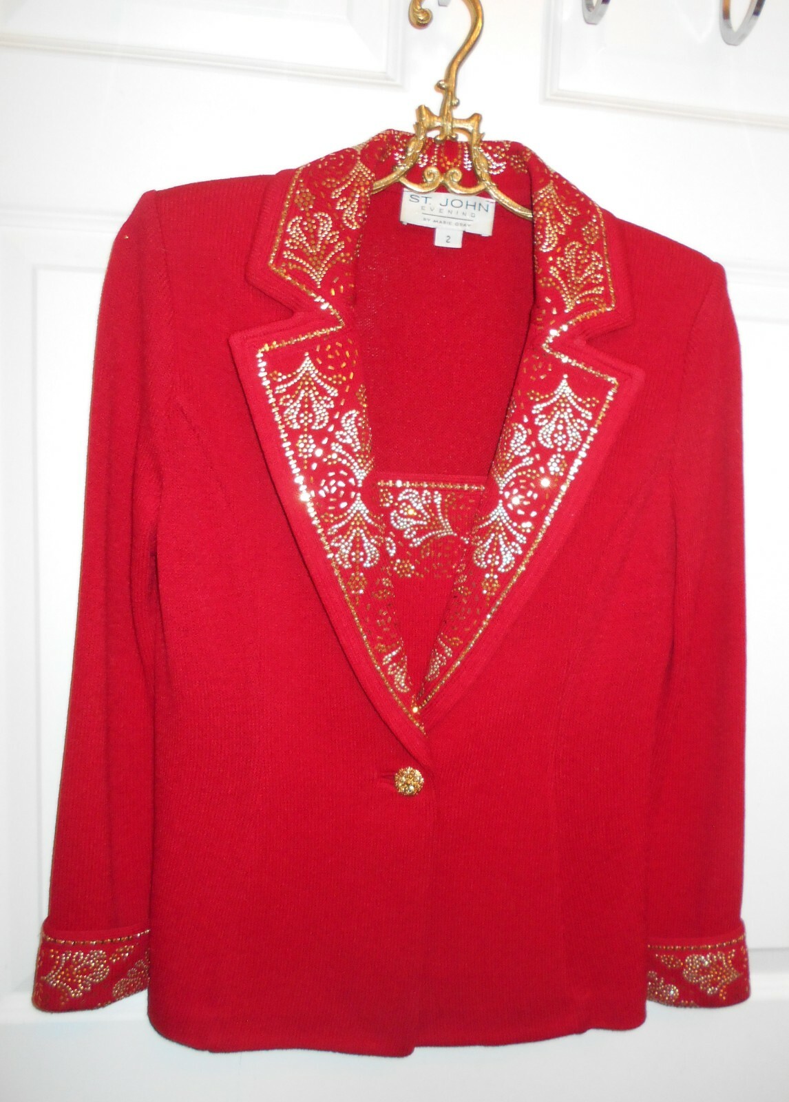 St. John Red Evening Jacket Embellished w/Gold Studs & Sequins Sz 2 eBay