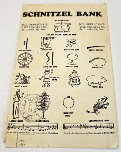 Antique Greeting Card Schnitzel Bank Posted 1958 Vintage Paper Emporium EUC