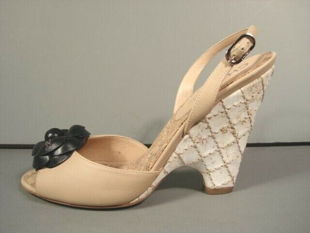 CHANEL BLACK CAMELLIA BEIGE LEATHER QUILTED WEDGE CORK CHANEL BLACK CAMELLIA BEIGE LEATHER QUILTED WEDGE CORK