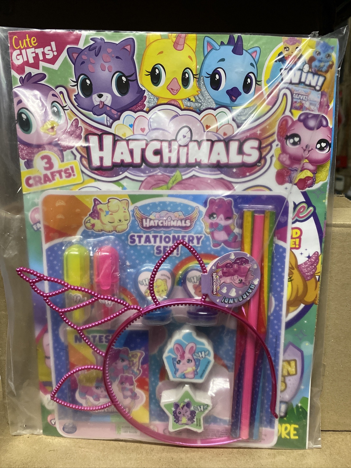 Hatchimals magazine #65 2023 Quizzes games colouring + hairband & stationery set