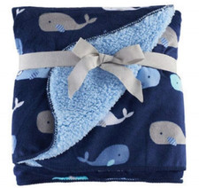 NWT Just Born Navy Blue Light Grey White Whale Velour Sherpa Baby Velboa Blanket