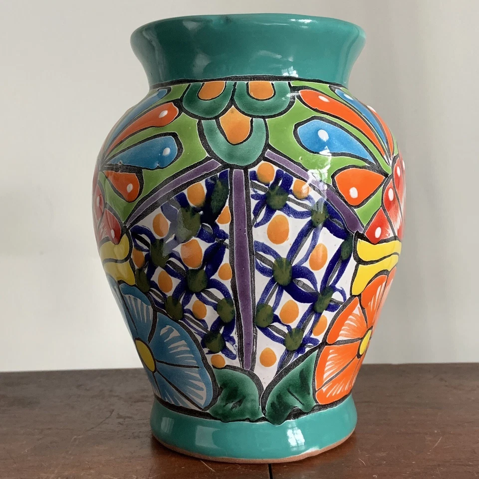Florero de cerámica mexicano colorido Talavera Venegas 7 pulgadas de alto Foto 3 de 4