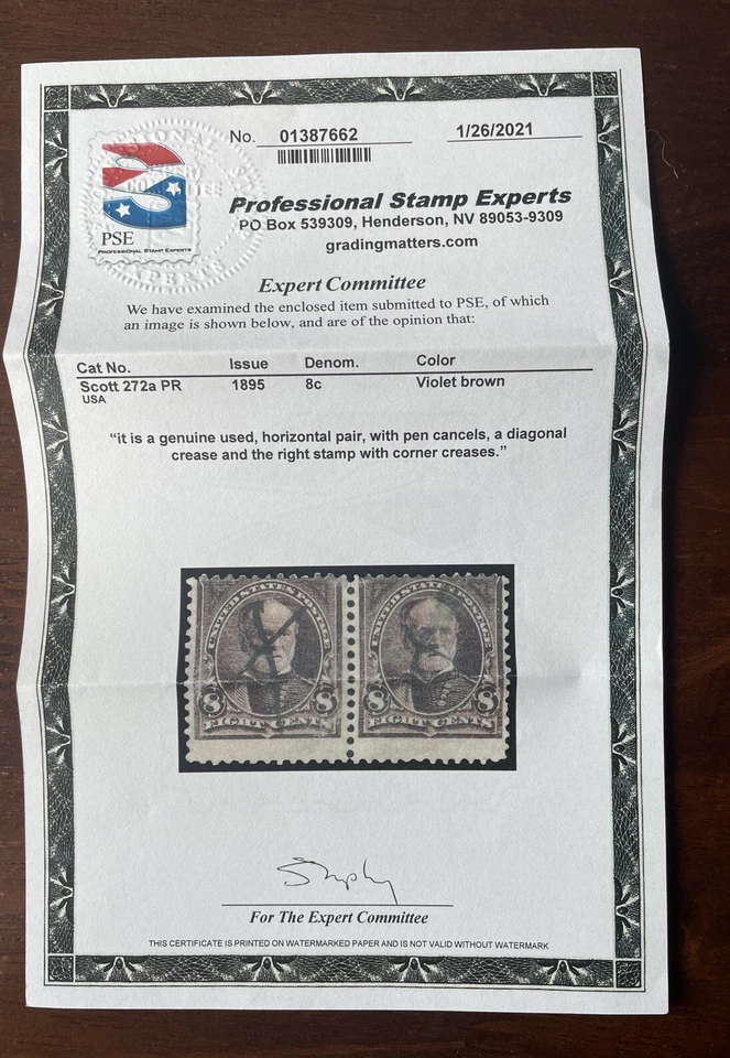 US Stamps;Scott #272a Genuine  SCARCE PAIR USED 1895 Sherman  W/PSE  Cert. $1900 - Image 2 of 4