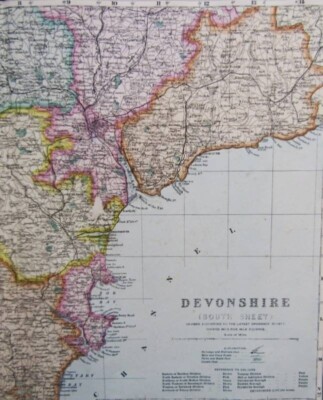 1912 Devon (South) large antique map. For framing. Plymouth, Torquay, Dartmoor.