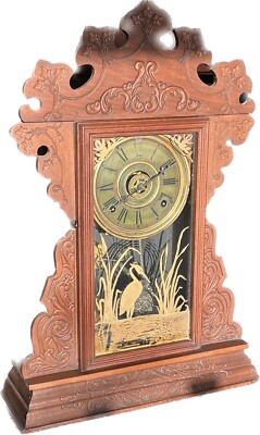 Circa 1900 Sessions Ginger Bread Swamp Scene Mantle Clock Running