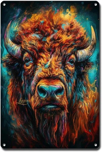 Metal Sign Tin Vintage Wall Art American Bison Psychedelic Art 8x12