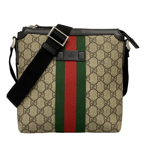 Authentique sac messager plat GUCCI Web GG Supreme 471454 beige marron foncé multi PVC