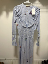 Tory Burch Blue White Striped Smocked Embroidered Cotton Long Dress Size 6