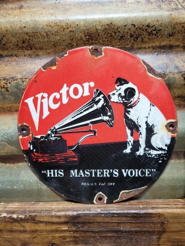 VINTAGE VICTOR PORCELAIN SIGN RCA HIS MASTERS VOICE NIPPER DOG VICTROLA MUSIC