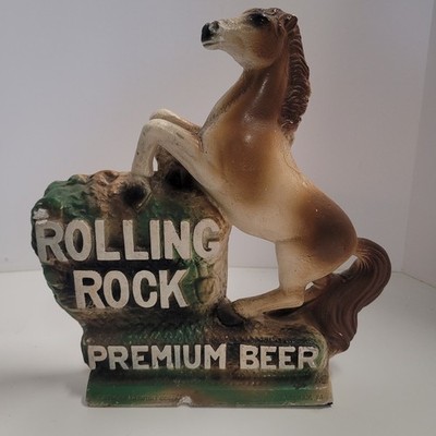 Rolling Rock Premium Beer Chalkware Horse Figurine, Latrobe Brewing, 1970s