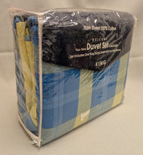 King Size 3 Pc Yarn Dyed Duvet Cover Set Blue  Yellow 100 Cotton