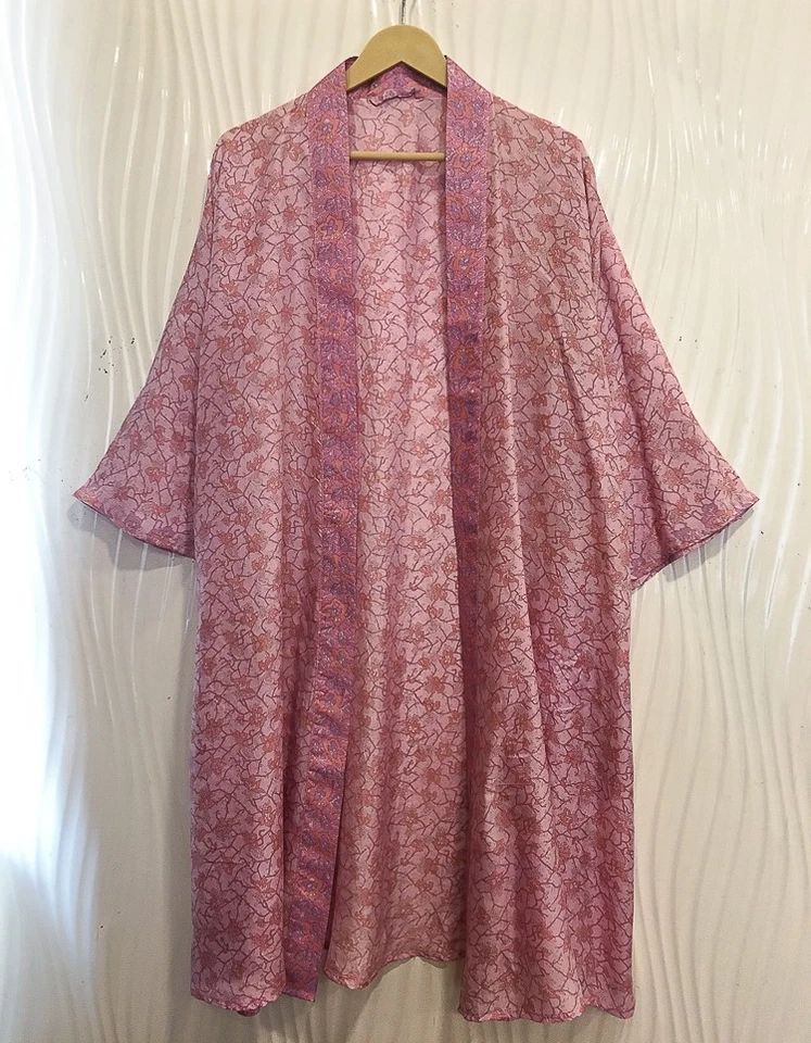 Roupão quimono midi seda pura comprimento do joelho vestido quimono de seda rosa MKMO2226 - Imagem 2 de 4