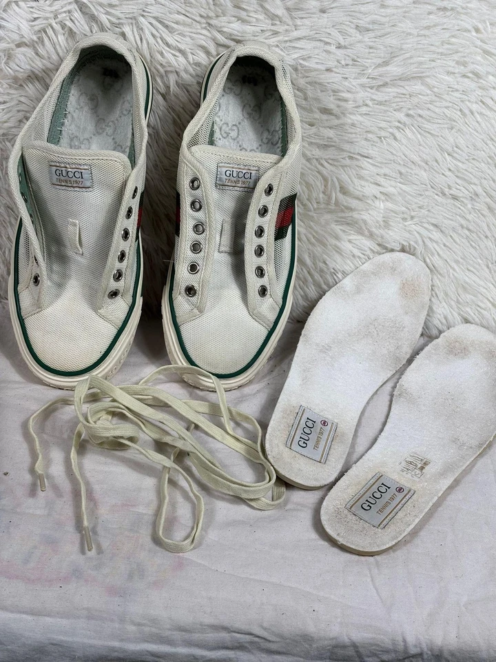Gucci Tenis 1977 Zapatos Mujer Talla 38 EE. UU. 8 Blanco Lona Web Rayas Verde Rojo Foto 2 de 4