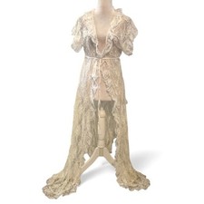 Vintage Frederick s of Hollywood Sheer Lace Robe White Cream Ruffle High-Low