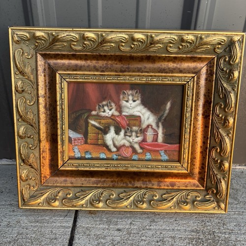 Playful Kittens Cats – Ornate Framed Vintage Oil Painting 5x7 Frame 10x12 - Picture 1 of 10