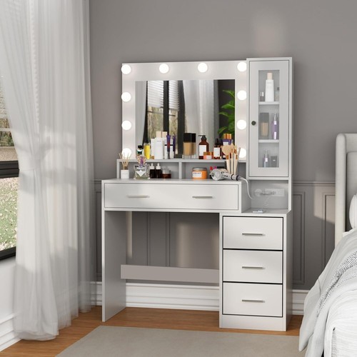 Lighted Mirror Makeup Vanity Desk w/Charging Station, Drawers&Glass Door White