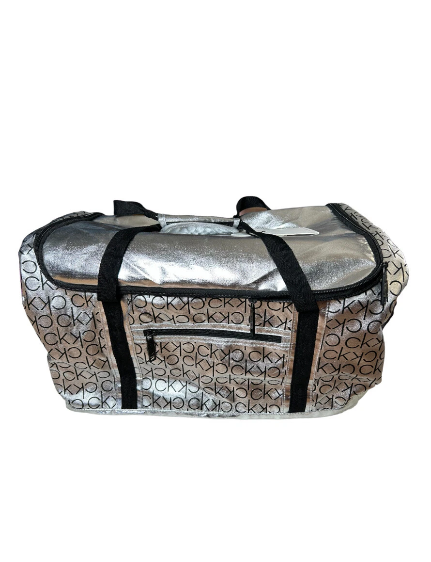 metallic silver duffle bag