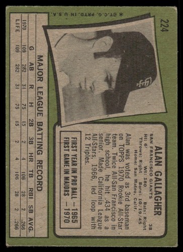 1971 Topps #224 Alan Gallagher San Francisco Giants - Picture 2 of 2