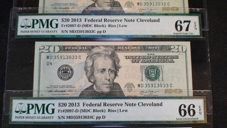 4 CONSECUTIVE 2013 Twenty Dollar PMG GEM 66 & 67 EPQ NOTES CLEVELAND $20 BILLS! - Image 4 of 4