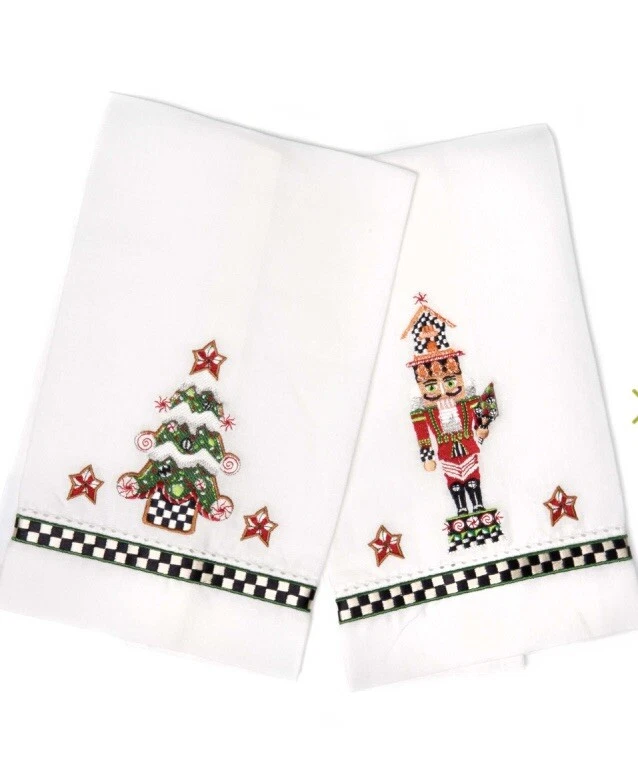 MACKENZIE-CHILDS NEW Mackenzie Childs Nutcracker and Christmas Tree GUEST TOWELS-Set of 2