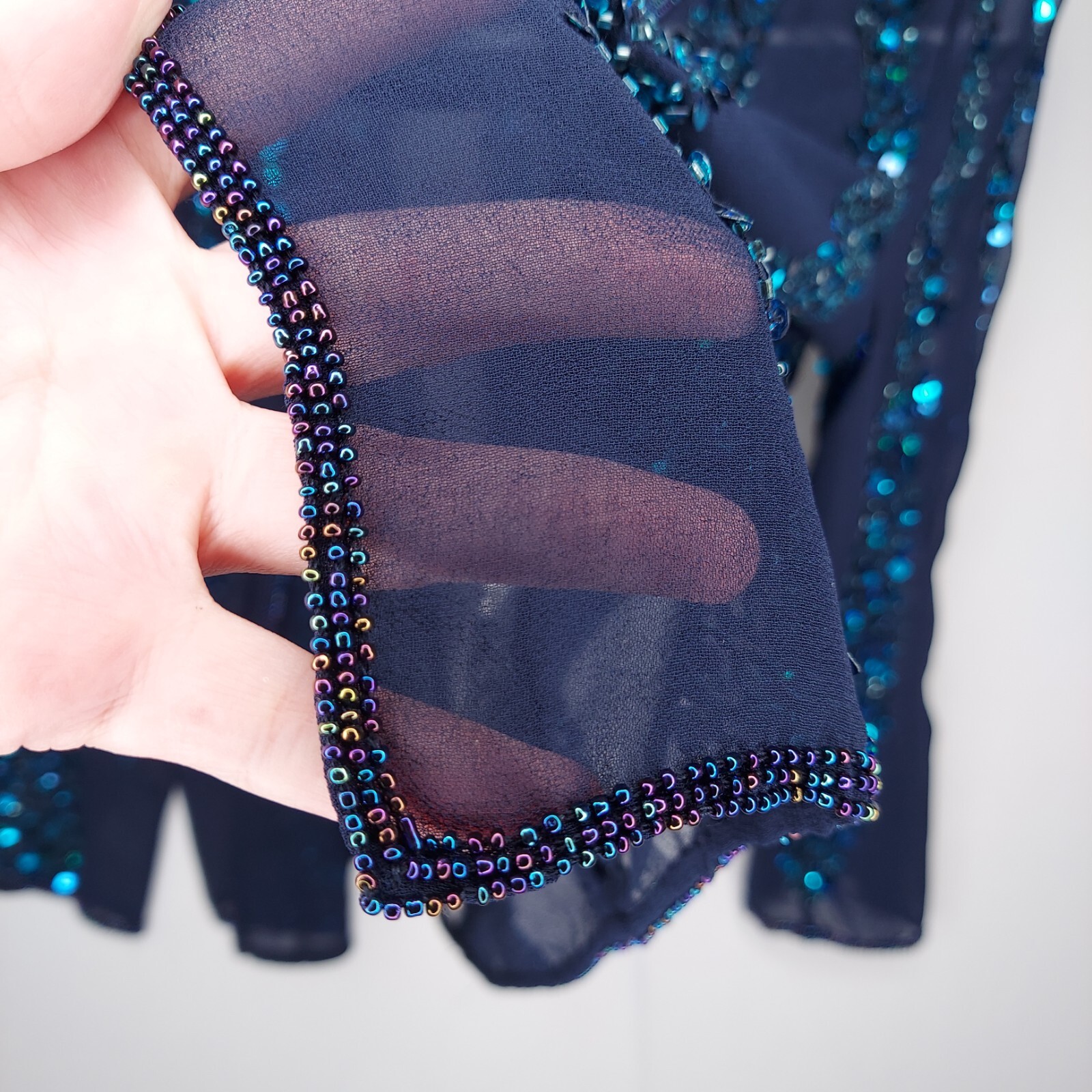 Shail K Vtg Sequin Dress Jacket Set Womens 6 Teal A-Line Chiffon Bolero Party image 7