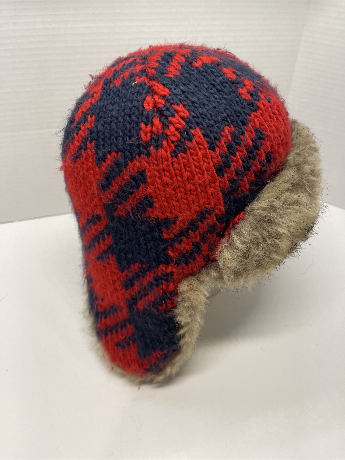 Lands End Women's ML Knit Blue Red Trapper Hat Faux Fur Cap eBay
