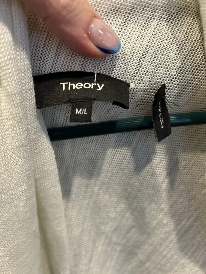 Theory Cocoon Long Curved Hem Cardigan Sweater Open Front Sz M/L Ivory Linen/Vis - Image 2 of 4