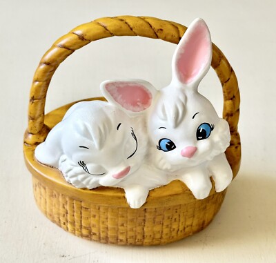 ADORABLE Vintage Hand Painted Ceramic Easter Bunny Basket Covered