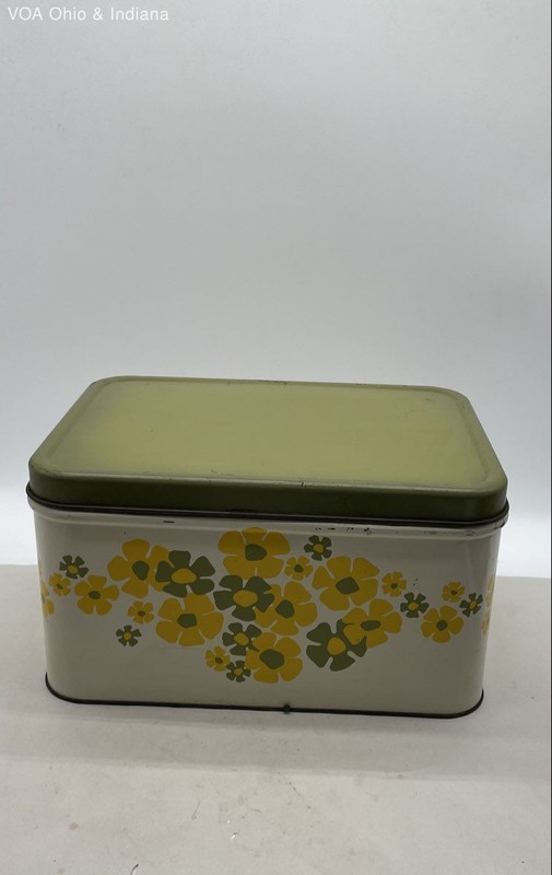 Decorware Vintage Bread Box Tin Yellow Green Floral Daisy Design Mid Century
