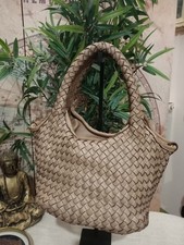 Borsa cestino intrecciata vera pelle color tortora