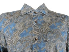 Emanuel Berg Shirt Mens Large Paisley Blue Stretch Cotton Button Up