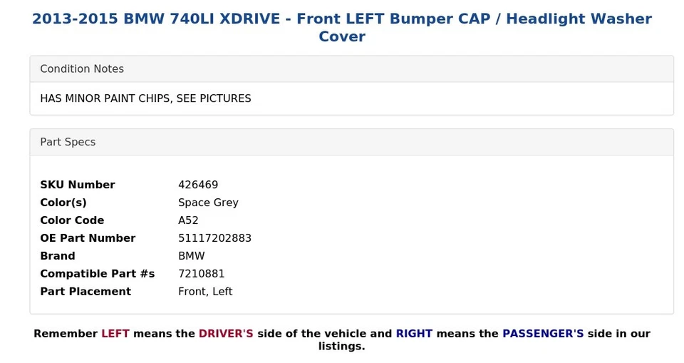 2013-2015 BMW 740LI XDRIVE - Front LEFT Bumper CAP / Headlight Washer Cover - Image 3 of 4